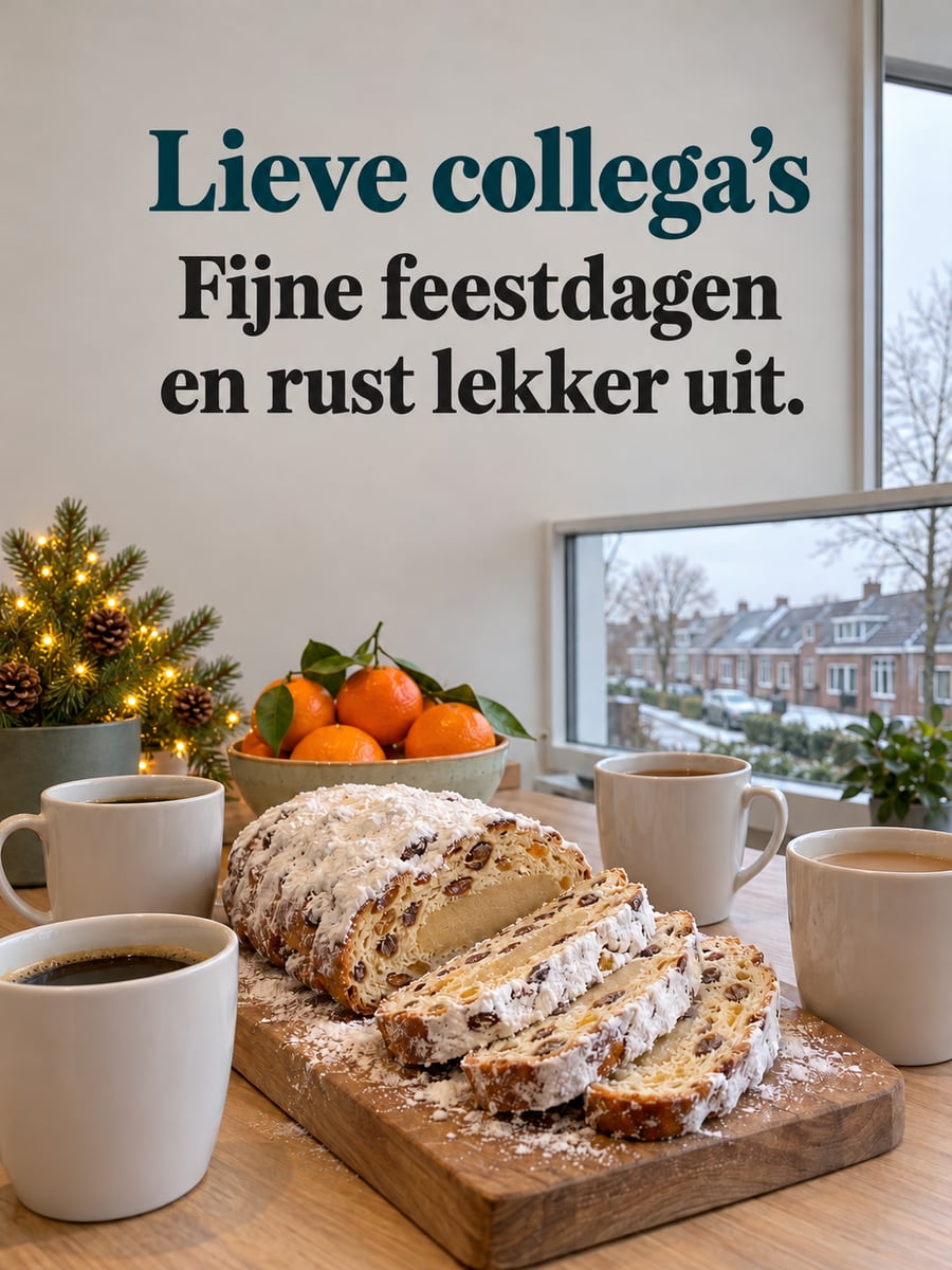 Kerstplaatje met de tekst ‘Lieve collega’s’ en ‘Fijne feestdagen en rust lekker uit.’ – kerststol bij de koffie, mokken koffie en thee, kantoorkeuken