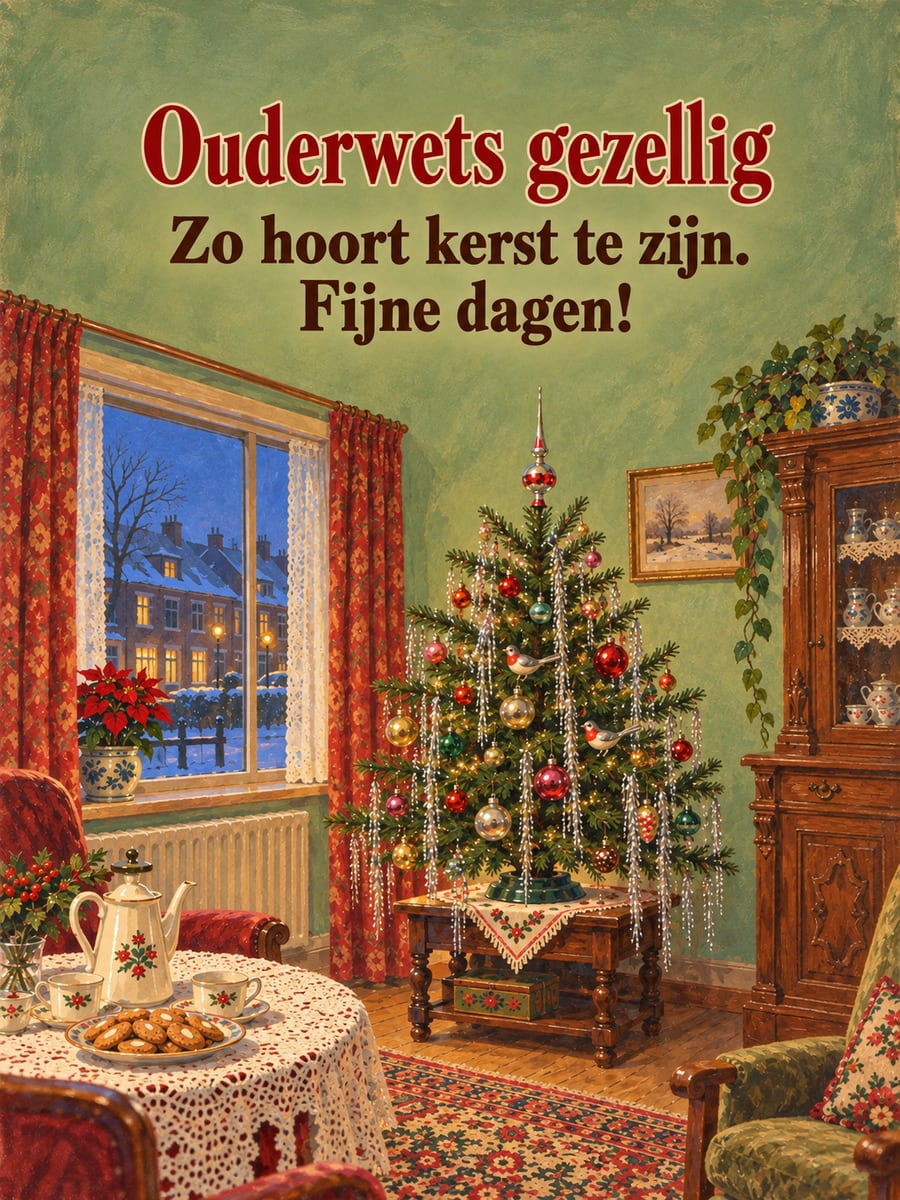 Kerstplaatje met de tekst ‘Ouderwets gezellig’ en ‘Zo hoort kerst te zijn. Fijne dagen!’ – ouderwetse kerstboom met piek, glazen kerstballen, lametta