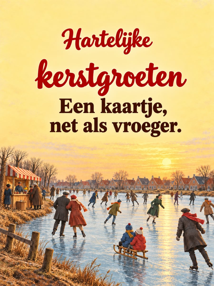 Kerstplaatje met de tekst ‘Hartelijke kerstgroeten’ en ‘Een kaartje, net als vroeger.’ – schaatsers op een bevroren vaart, kinderen op een houten slee, ouderwetse kerstkaart