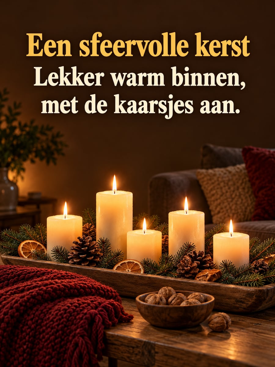 Kerstplaatje met de tekst ‘Een sfeervolle kerst’ en ‘Lekker warm binnen, met de kaarsjes aan.’ – brandende kaarsen op een houten dienblad, dennentakken en dennenappels, gebreide plaid