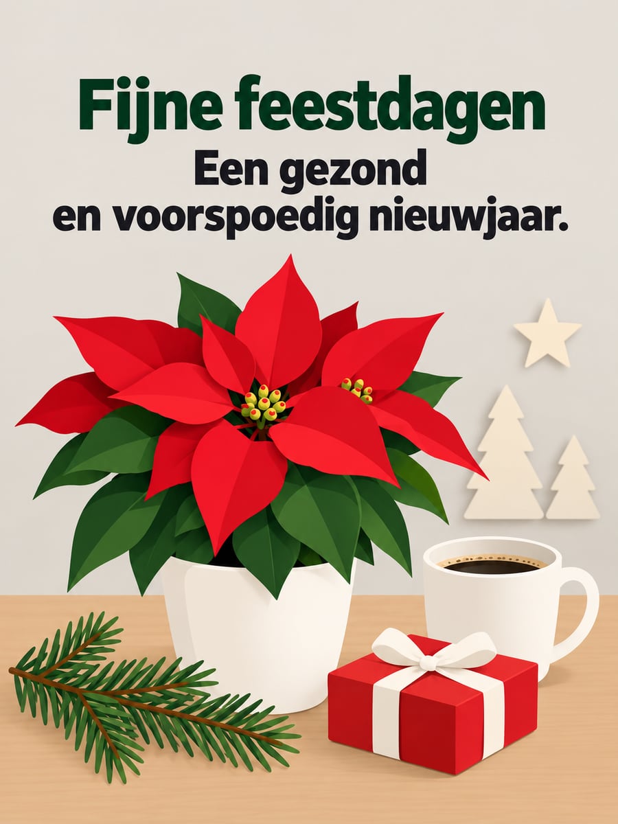 Kerstplaatje met de tekst ‘Fijne feestdagen’ en ‘Een gezond en voorspoedig nieuwjaar.’ – kerstster in een witte pot, mok koffie, klein cadeautje