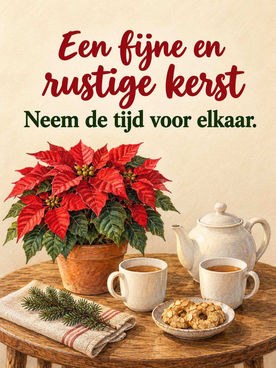 Kerstplaatje met de tekst ‘Een fijne en rustige kerst’ en ‘Neem de tijd voor elkaar.’ – kerstster in een pot, theepot en twee mokken thee, kerstkransjes