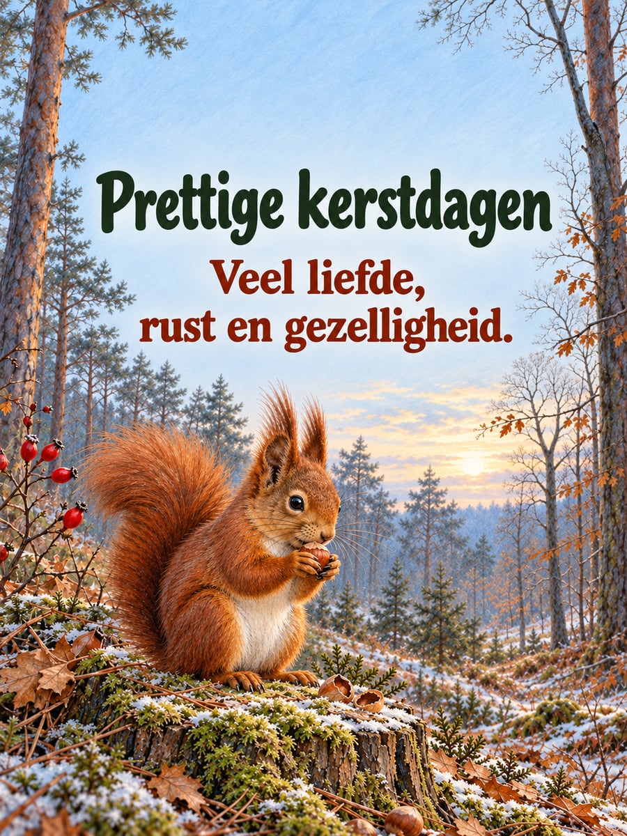 Kerstplaatje met de tekst ‘Prettige kerstdagen’ en ‘Veel liefde, rust en gezelligheid.’ – rode eekhoorn in de sneeuw, dennenbos, rozenbottels