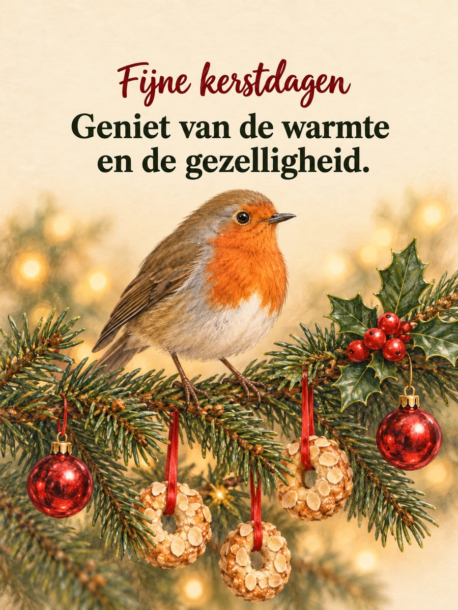 Kerstplaatje met de tekst ‘Fijne kerstdagen’ en ‘Geniet van de warmte en de gezelligheid.’ – roodborstje op een dennentak, hulst met rode bessen, kleine kerstballen