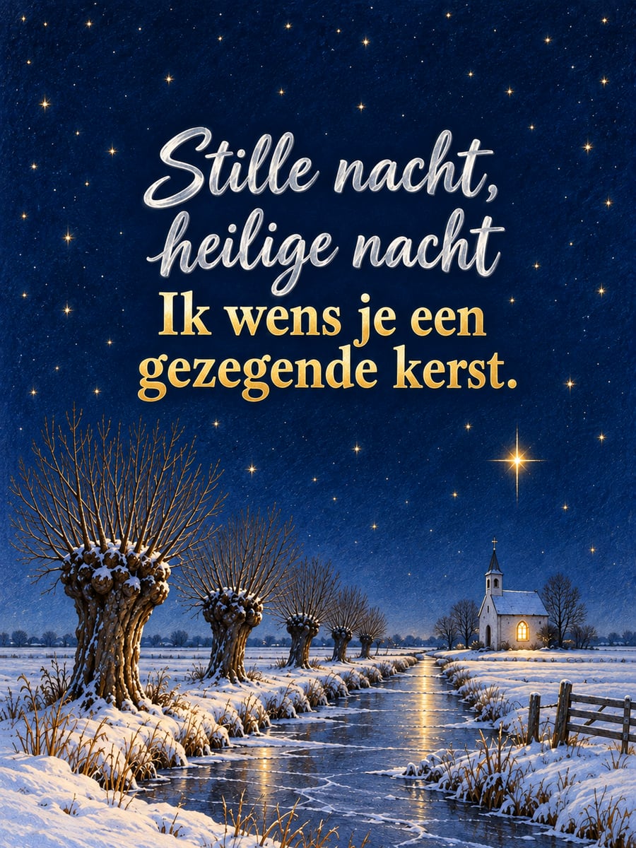 Kerstplaatje met de tekst ‘Stille nacht, heilige nacht’ en ‘Ik wens je een gezegende kerst.’ – stille nacht in de sneeuw, knotwilgen, kapelletje in de verte, sterrenhemel