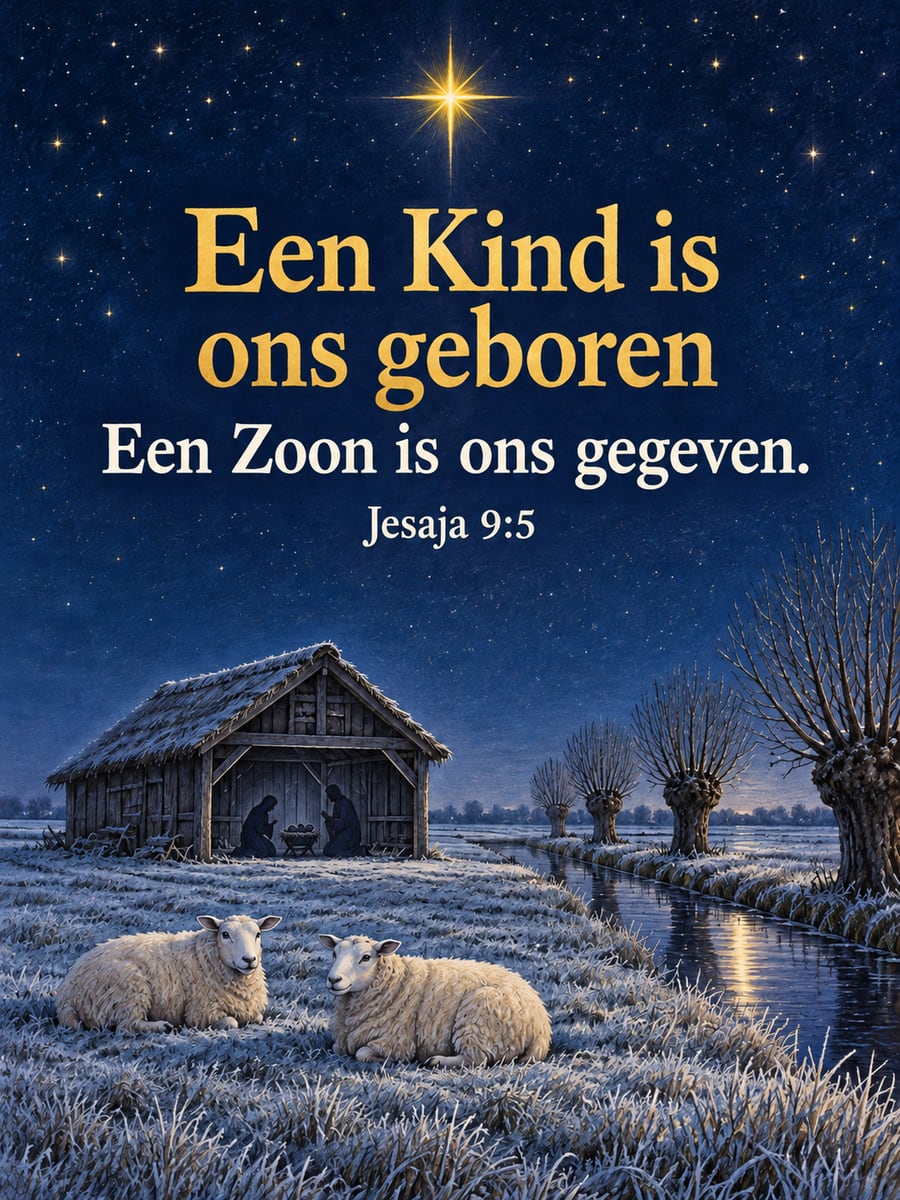 Kerstplaatje met de tekst ‘Een Kind is ons geboren’ en ‘Een Zoon is ons gegeven.’ (Jesaja 9:5) – kerststal in de polder, twee Texelse schapen, heldere ster