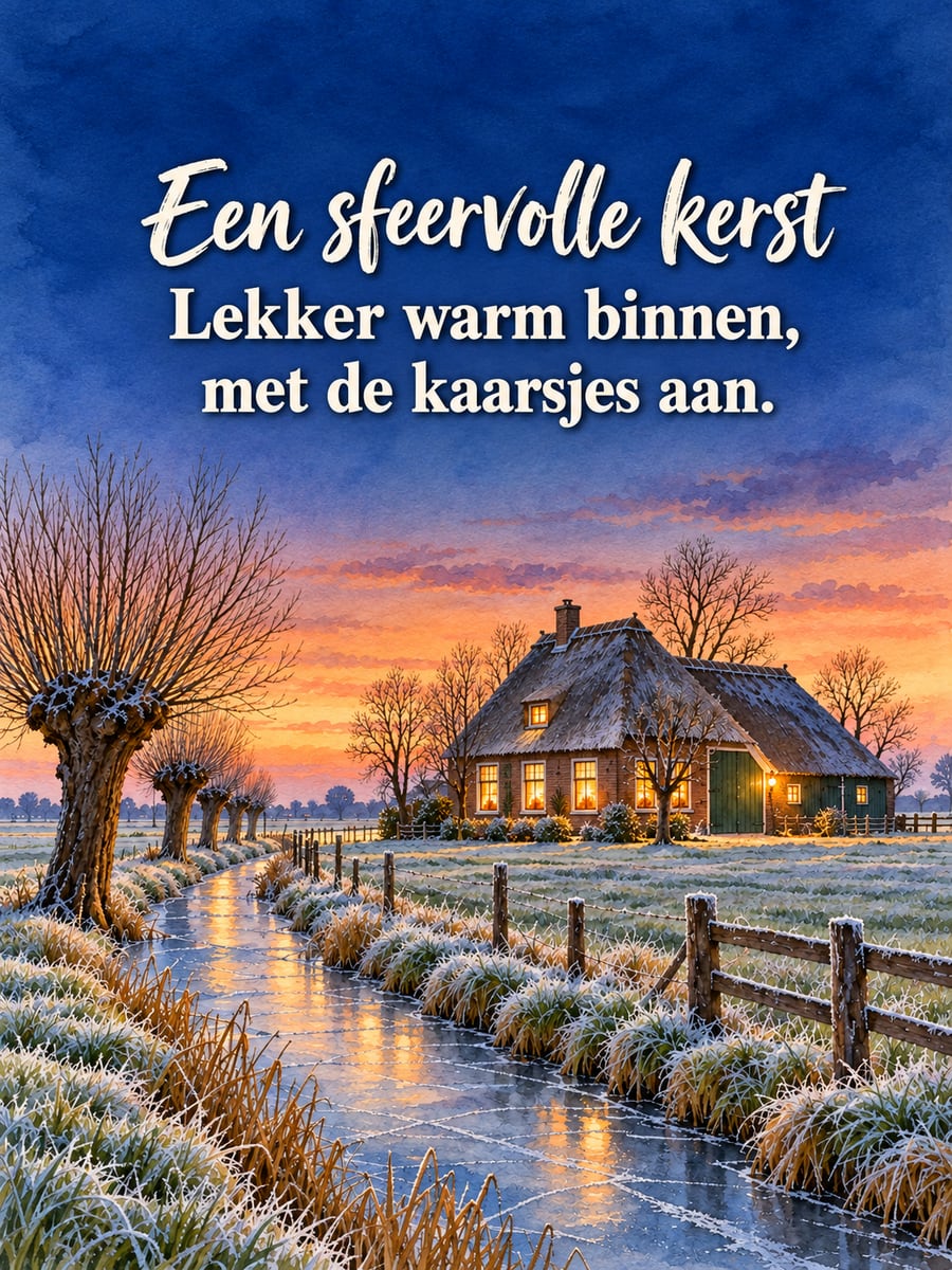 Kerstplaatje met de tekst ‘Een sfeervolle kerst’ en ‘Lekker warm binnen, met de kaarsjes aan.’ – boerderij in de berijpte polder, knotwilgen, warm verlichte ramen