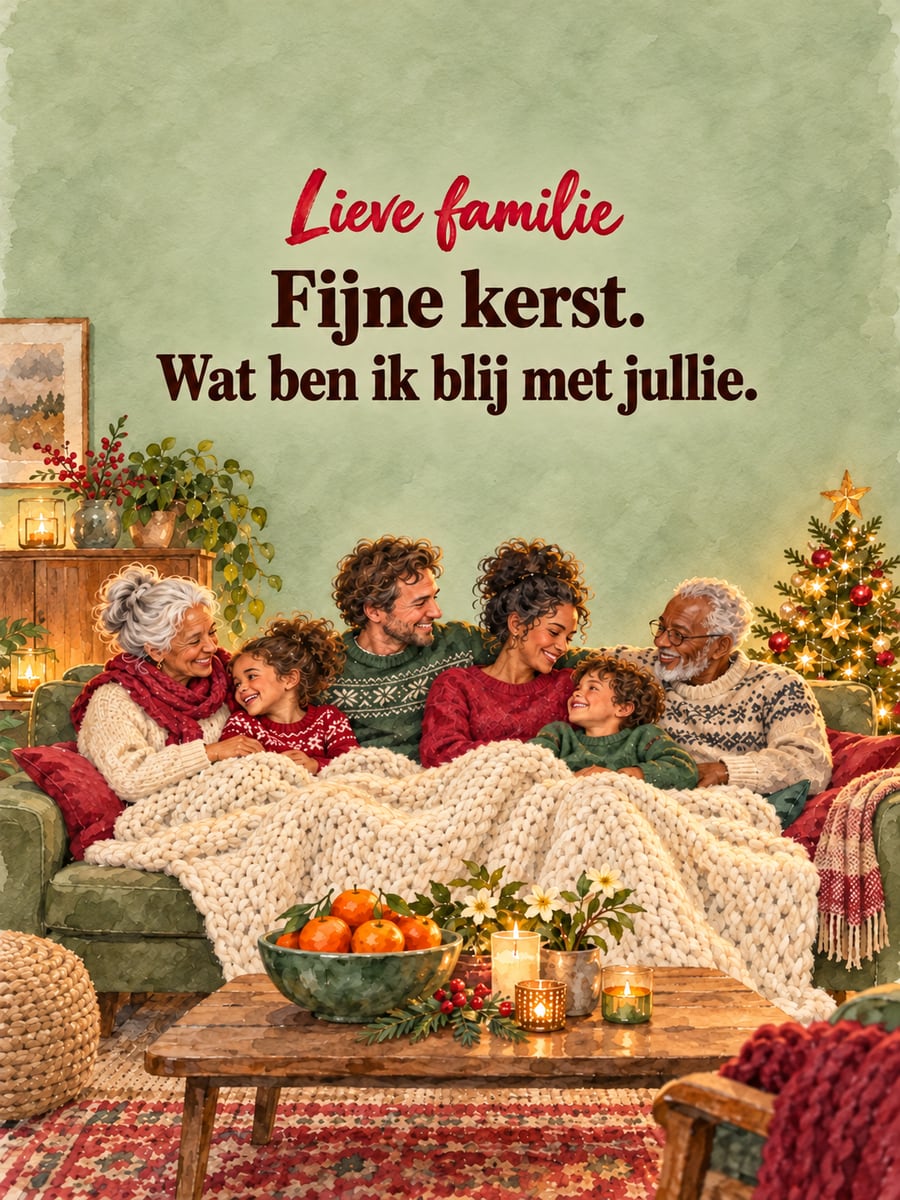 Kerstplaatje met de tekst ‘Lieve familie’ en ‘Fijne kerst. Wat ben ik blij met jullie.’ – drie generaties op de bank, gebreide plaid, kerstboom
