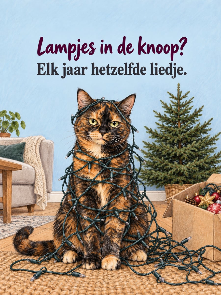 Kerstplaatje met de tekst ‘Lampjes in de knoop?’ en ‘Elk jaar hetzelfde liedje.’ – lapjeskat in de kerstverlichting, doos met kerstversiering