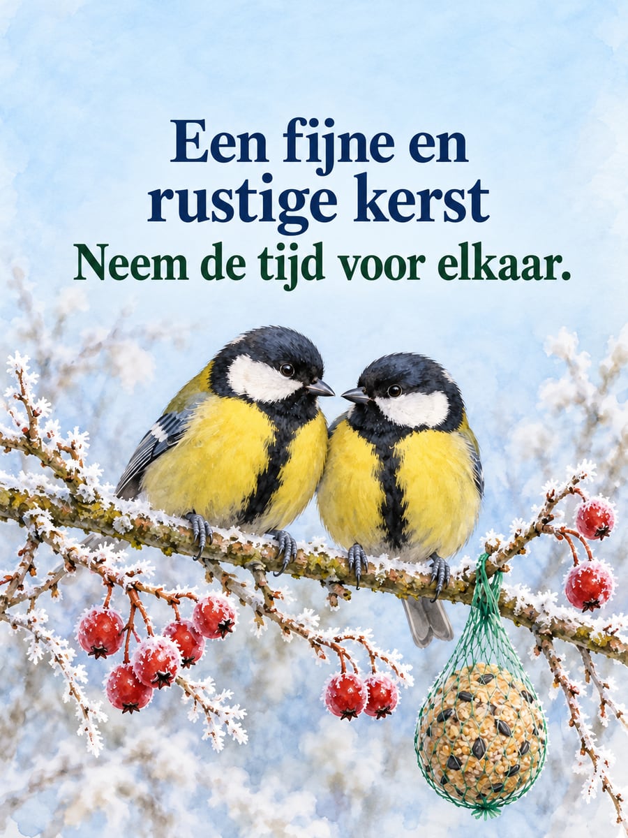 Kerstplaatje met de tekst ‘Een fijne en rustige kerst’ en ‘Neem de tijd voor elkaar.’ – twee koolmezen op een tak, berijpte meidoorn, vetbol