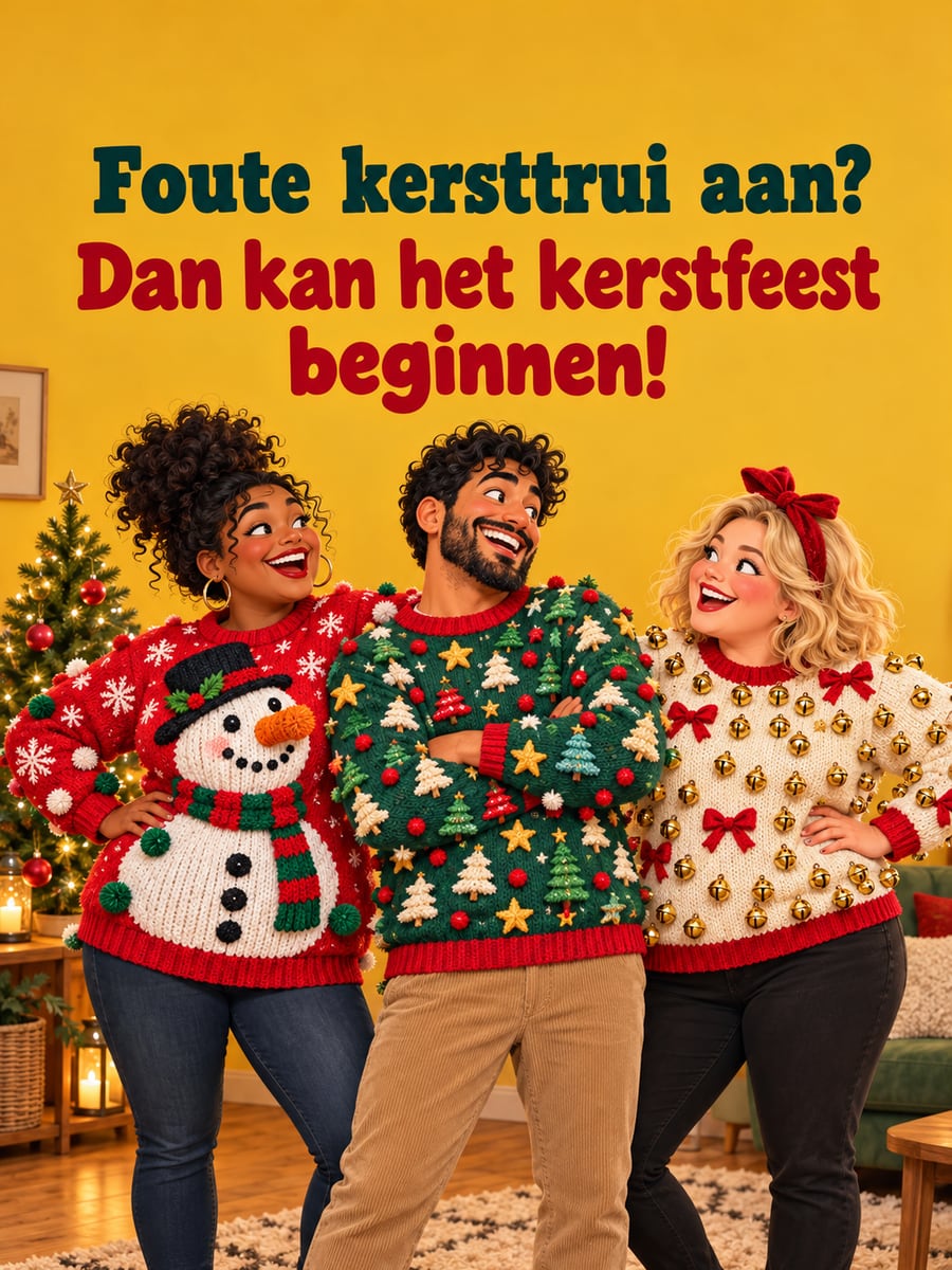 Kerstplaatje met de tekst ‘Foute kersttrui aan?’ en ‘Dan kan het kerstfeest beginnen!’ – foute kersttruien, drie vrienden, kleine kerstboom