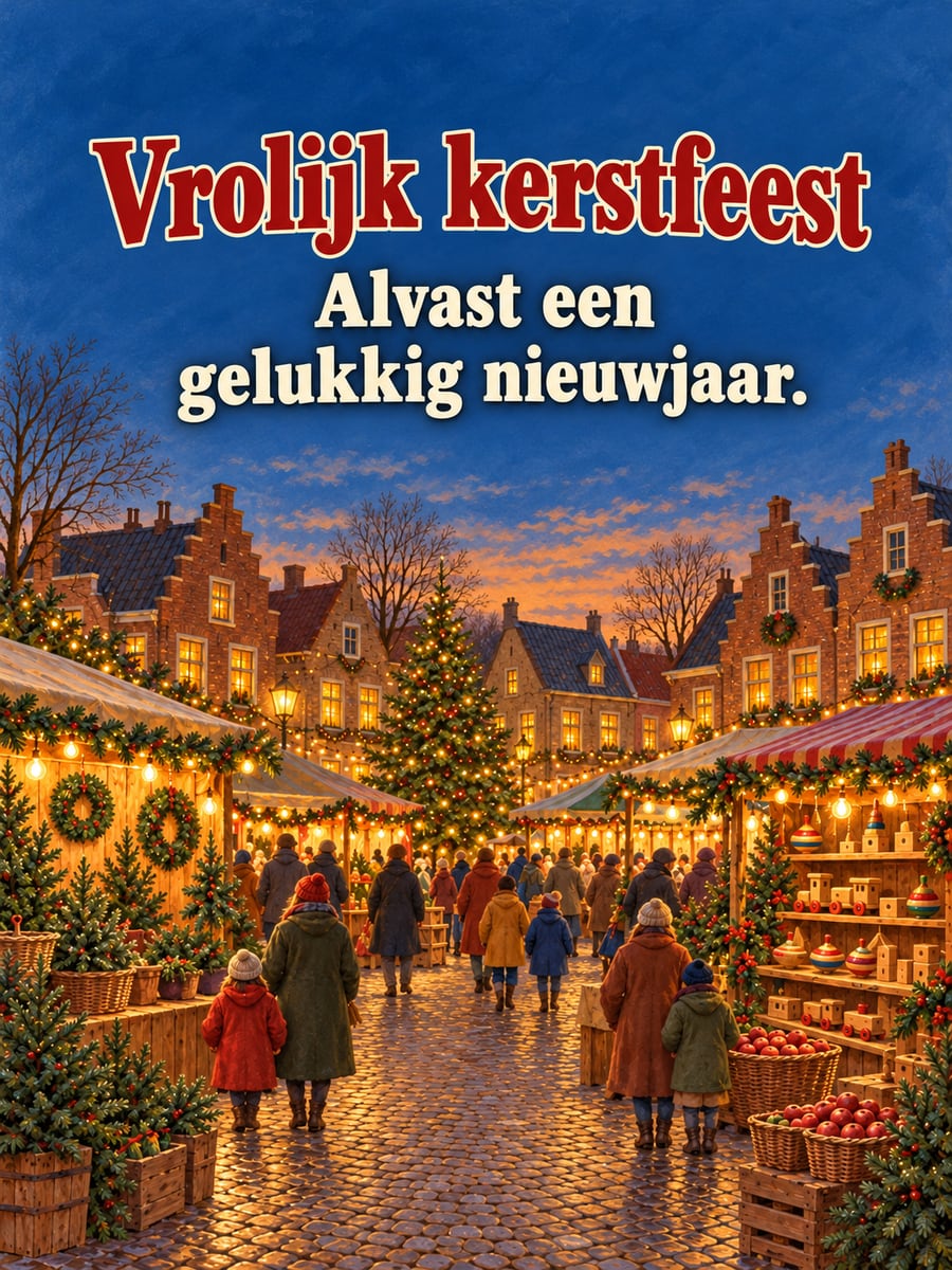 Kerstplaatje met de tekst ‘Vrolijk kerstfeest’ en ‘Alvast een gelukkig nieuwjaar.’ – kerstmarkt van vroeger, kraampjes met dennengroen, trapgevels