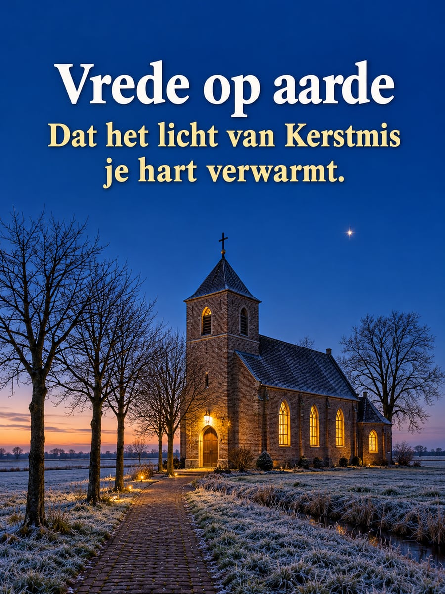 Kerstplaatje met de tekst ‘Vrede op aarde’ en ‘Dat het licht van Kerstmis je hart verwarmt.’ – dorpskerk in de avond, verlichte kerkramen, berijpte weilanden