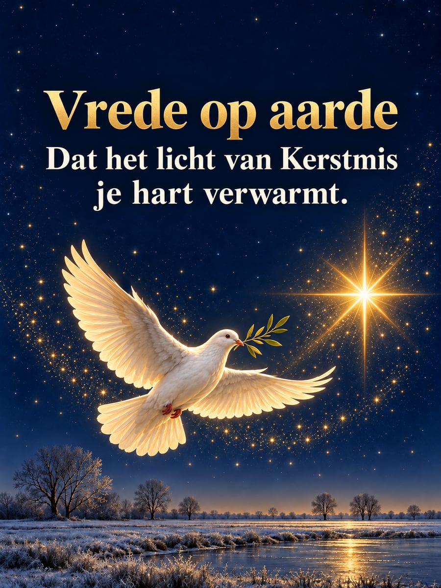 Kerstplaatje met de tekst ‘Vrede op aarde’ en ‘Dat het licht van Kerstmis je hart verwarmt.’ – witte duif met olijftakje, stralende ster, stille winternacht