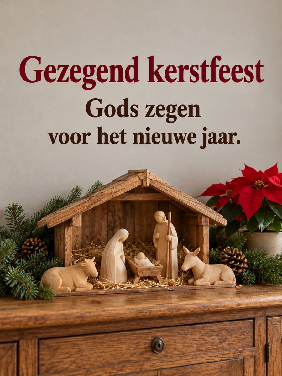 Kerstplaatje met de tekst ‘Gezegend kerstfeest’ en ‘Gods zegen voor het nieuwe jaar.’ – houten kerststal op het dressoir, kerstster, dennentakken