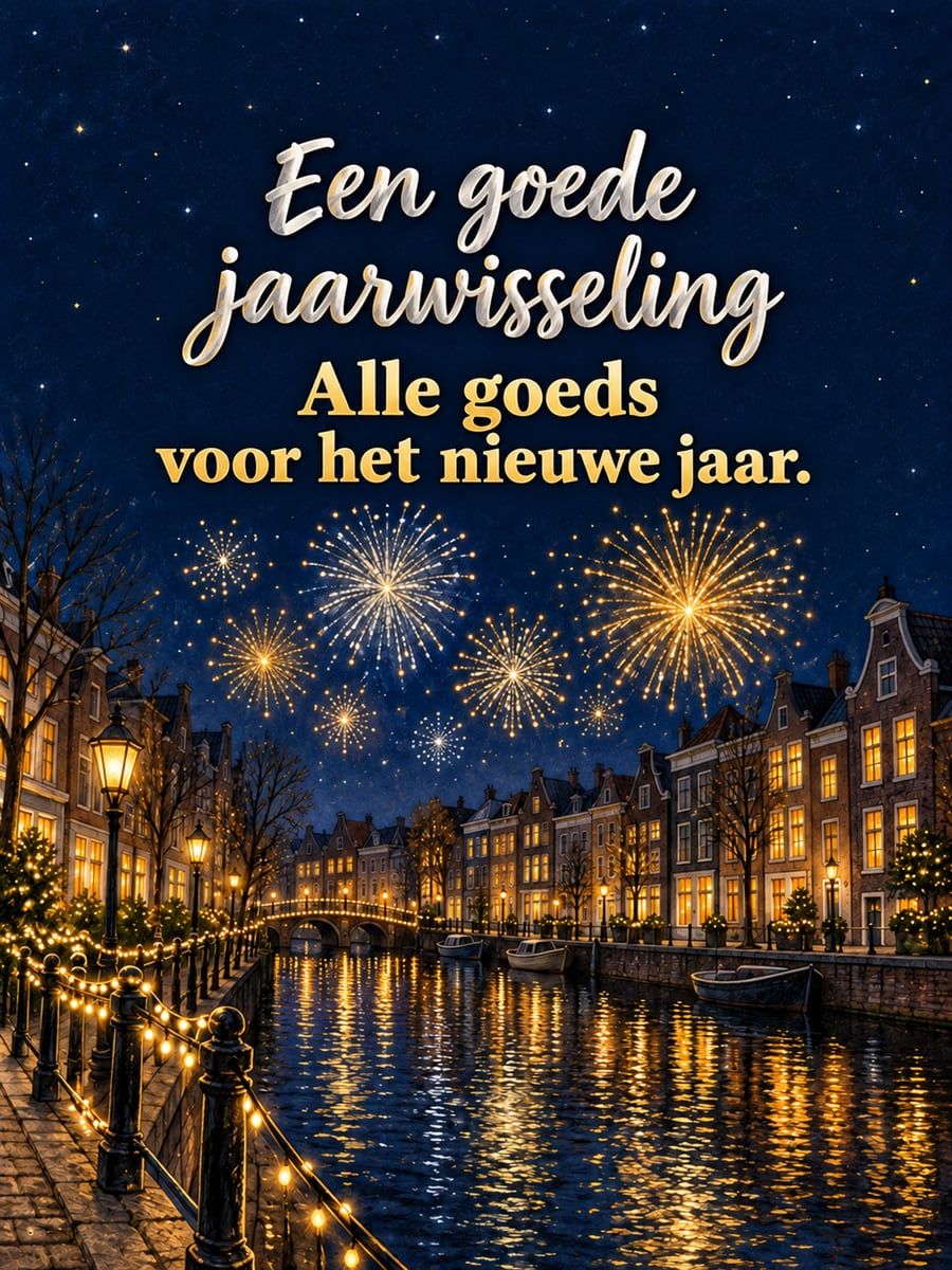 Nieuwjaarsplaatje met de tekst ‘Een goede jaarwisseling’ en ‘Alle goeds voor het nieuwe jaar.’ – gracht op oudejaarsavond, vuurwerk in de lucht, grachtenhuizen