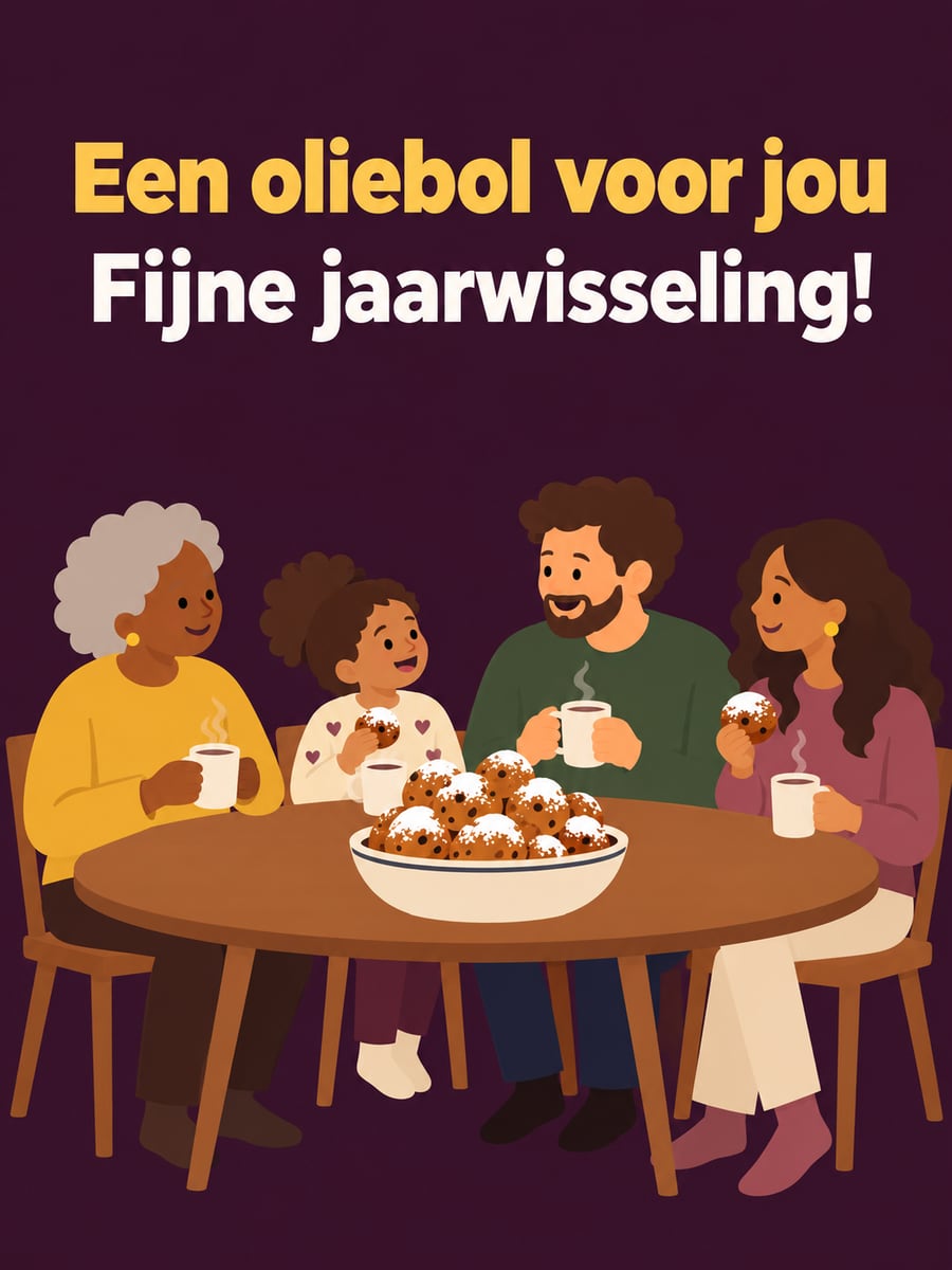 Nieuwjaarsplaatje met de tekst ‘Een oliebol voor jou’ en ‘Fijne jaarwisseling!’ – familie rond een schaal oliebollen, oudejaarsavond, warme chocolademelk