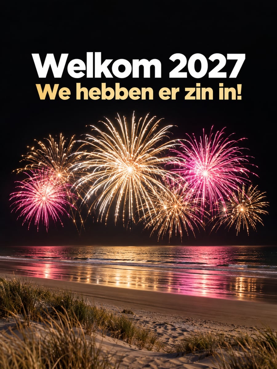 Nieuwjaarsplaatje met de tekst ‘Welkom 2027’ en ‘We hebben er zin in!’ – vuurwerk boven het strand, duinen met helmgras