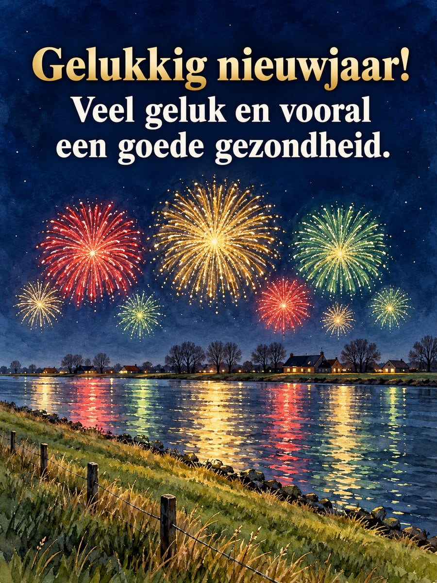 Nieuwjaarsplaatje met de tekst ‘Gelukkig nieuwjaar!’ en ‘Veel geluk en vooral een goede gezondheid.’ – vuurwerk boven de rivier, dijk bij nacht