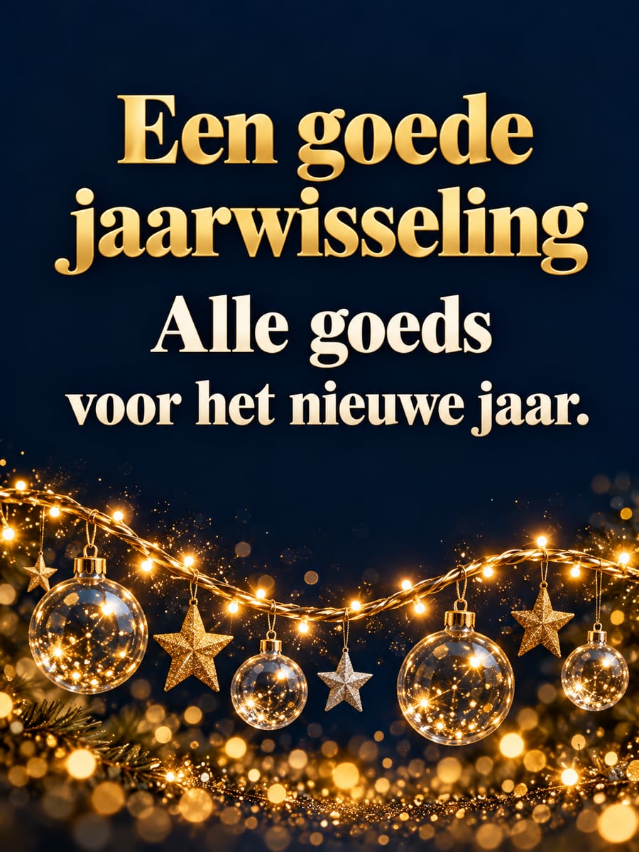 Nieuwjaarsplaatje met de tekst ‘Een goede jaarwisseling’ en ‘Alle goeds voor het nieuwe jaar.’ – gouden lichtsnoer, gouden sterren en glazen kerstballen