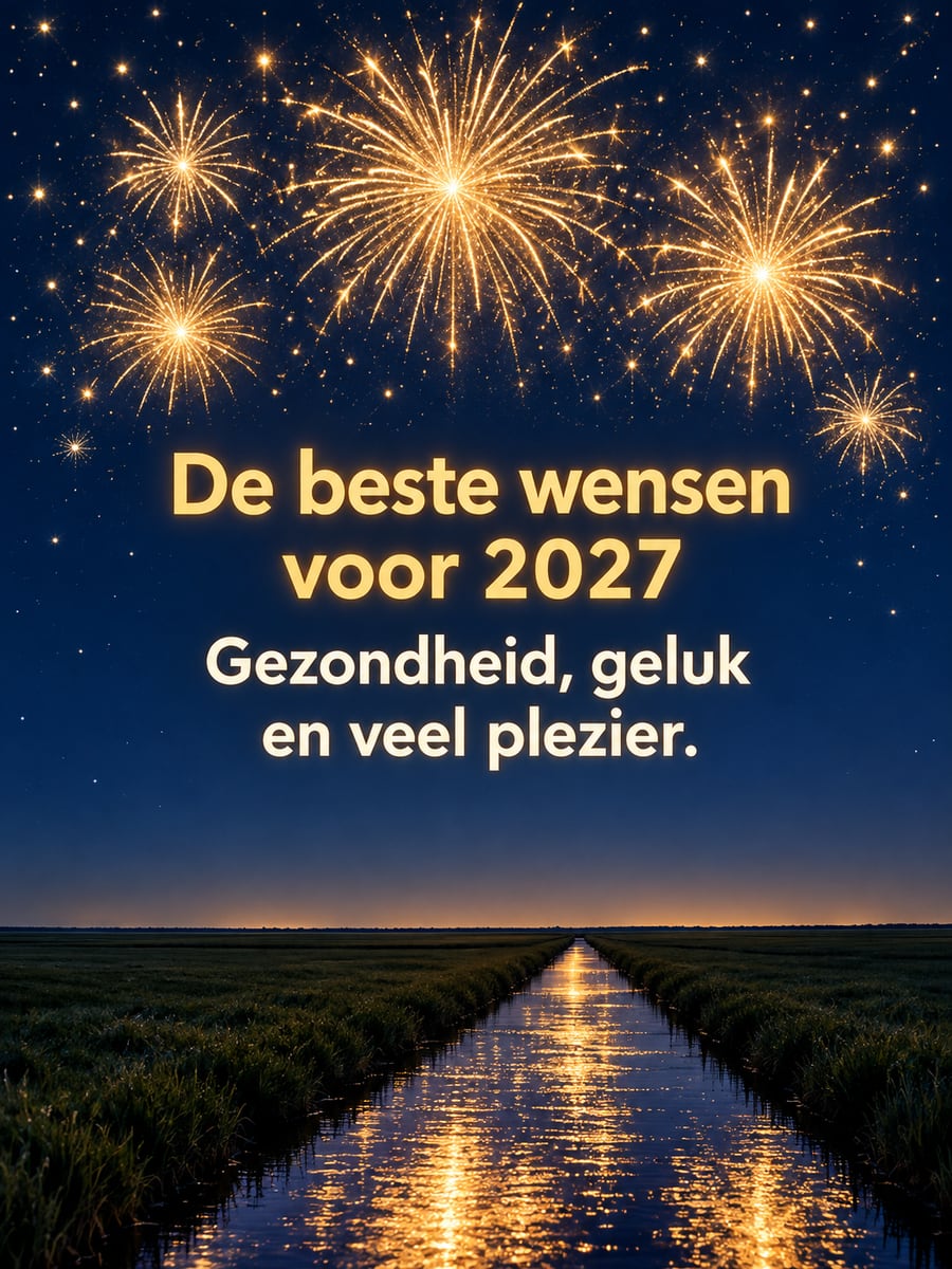 Nieuwjaarsplaatje met de tekst ‘De beste wensen voor 2027’ en ‘Gezondheid, geluk en veel plezier.’ – gouden vuurwerk in de lucht, polder bij nacht