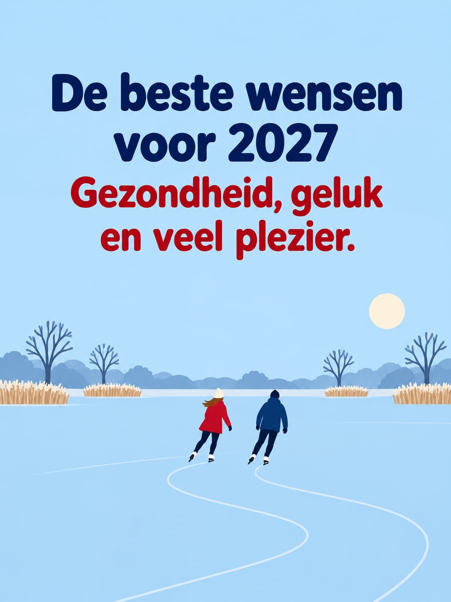 Nieuwjaarsplaatje met de tekst ‘De beste wensen voor 2027’ en ‘Gezondheid, geluk en veel plezier.’ – schaatsen op nieuwjaarsdag, bevroren meer, berijpt riet