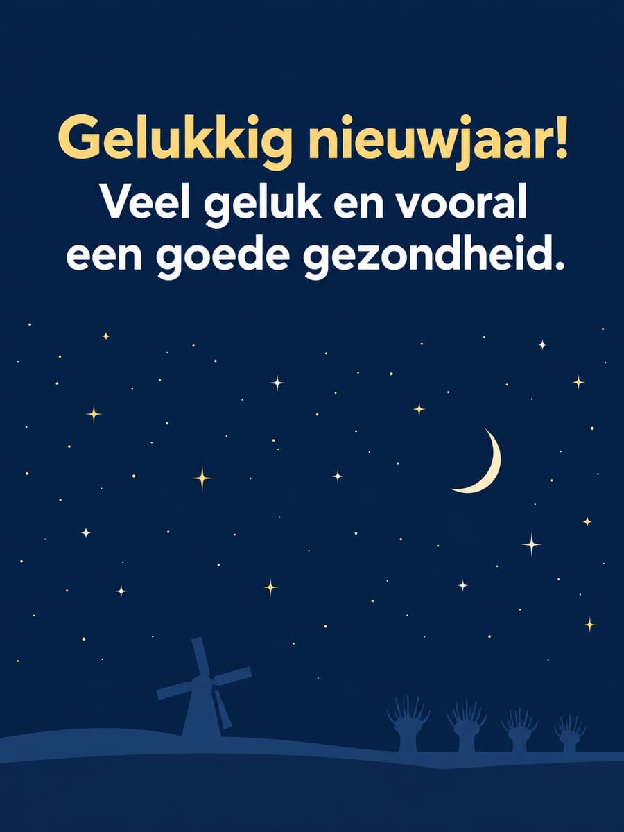 Nieuwjaarsplaatje met de tekst ‘Gelukkig nieuwjaar!’ en ‘Veel geluk en vooral een goede gezondheid.’ – sterrenhemel op oudejaarsavond, maansikkel, molen in de verte
