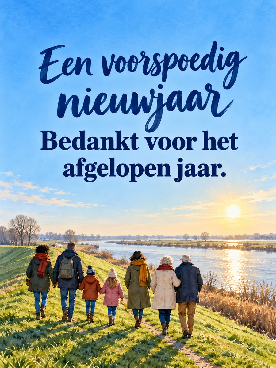 Nieuwjaarsplaatje met de tekst ‘Een voorspoedig nieuwjaar’ en ‘Bedankt voor het afgelopen jaar.’ – nieuwjaarswandeling over de dijk, familie en vrienden, rivier in de winterzon