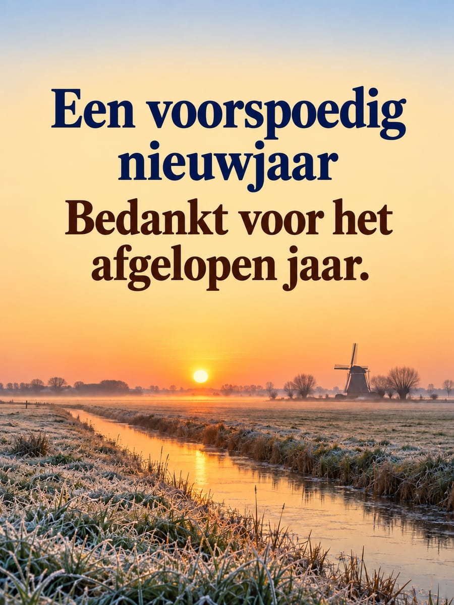 Nieuwjaarsplaatje met de tekst ‘Een voorspoedig nieuwjaar’ en ‘Bedankt voor het afgelopen jaar.’ – zonsopkomst op nieuwjaarsdag, berijpte polder, molen