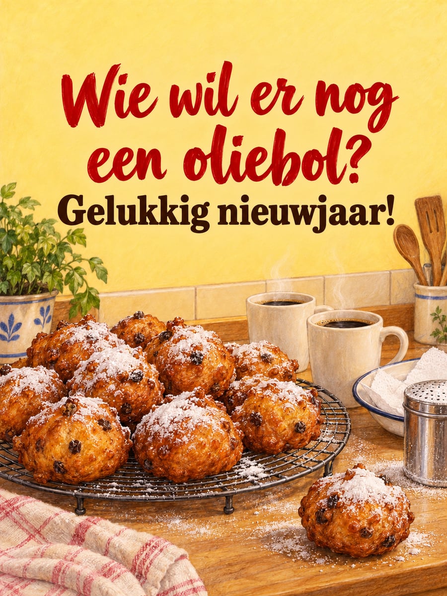 Nieuwjaarsplaatje met de tekst ‘Wie wil er nog een oliebol?’ en ‘Gelukkig nieuwjaar!’ – zelfgebakken oliebollen, oliebollen met poedersuiker, mokken koffie