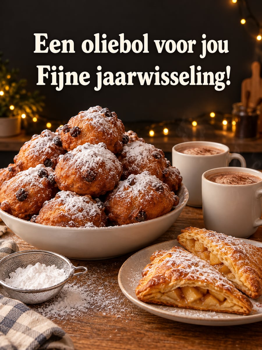 Nieuwjaarsplaatje met de tekst ‘Een oliebol voor jou’ en ‘Fijne jaarwisseling!’ – oliebollen met poedersuiker, appelflappen, twee mokken warme chocolademelk