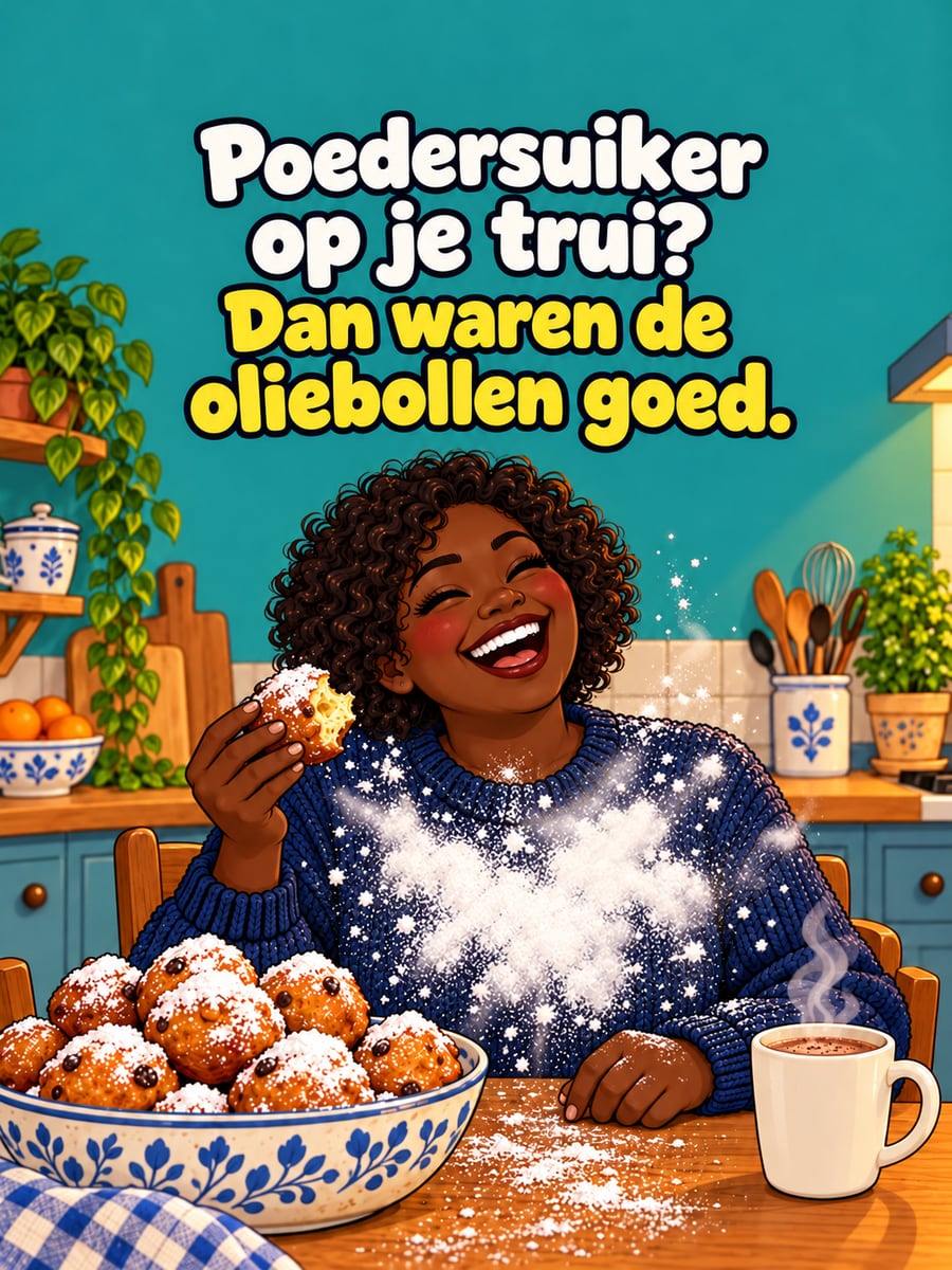 Nieuwjaarsplaatje met de tekst ‘Poedersuiker op je trui?’ en ‘Dan waren de oliebollen goed.’ – poedersuiker op de trui, oliebollen, warme chocolademelk