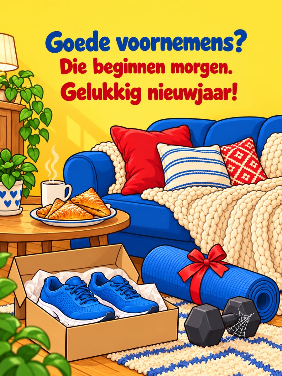 Nieuwjaarsplaatje met de tekst ‘Goede voornemens?’ en ‘Die beginnen morgen. Gelukkig nieuwjaar!’ – nieuwe hardloopschoenen, yogamat en halter, knusse bank met appelflappen