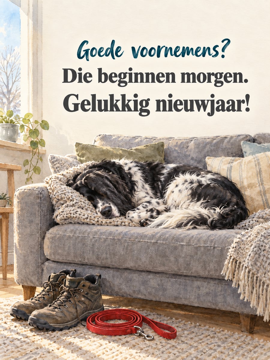Nieuwjaarsplaatje met de tekst ‘Goede voornemens?’ en ‘Die beginnen morgen. Gelukkig nieuwjaar!’ – slapende Friese stabij, hondenriem en wandelschoenen, nieuwjaarsochtend