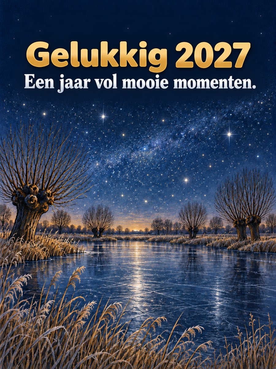 Nieuwjaarsplaatje met de tekst ‘Gelukkig 2027’ en ‘Een jaar vol mooie momenten.’ – sterrenhemel boven een bevroren plas, knotwilgen, berijpt riet