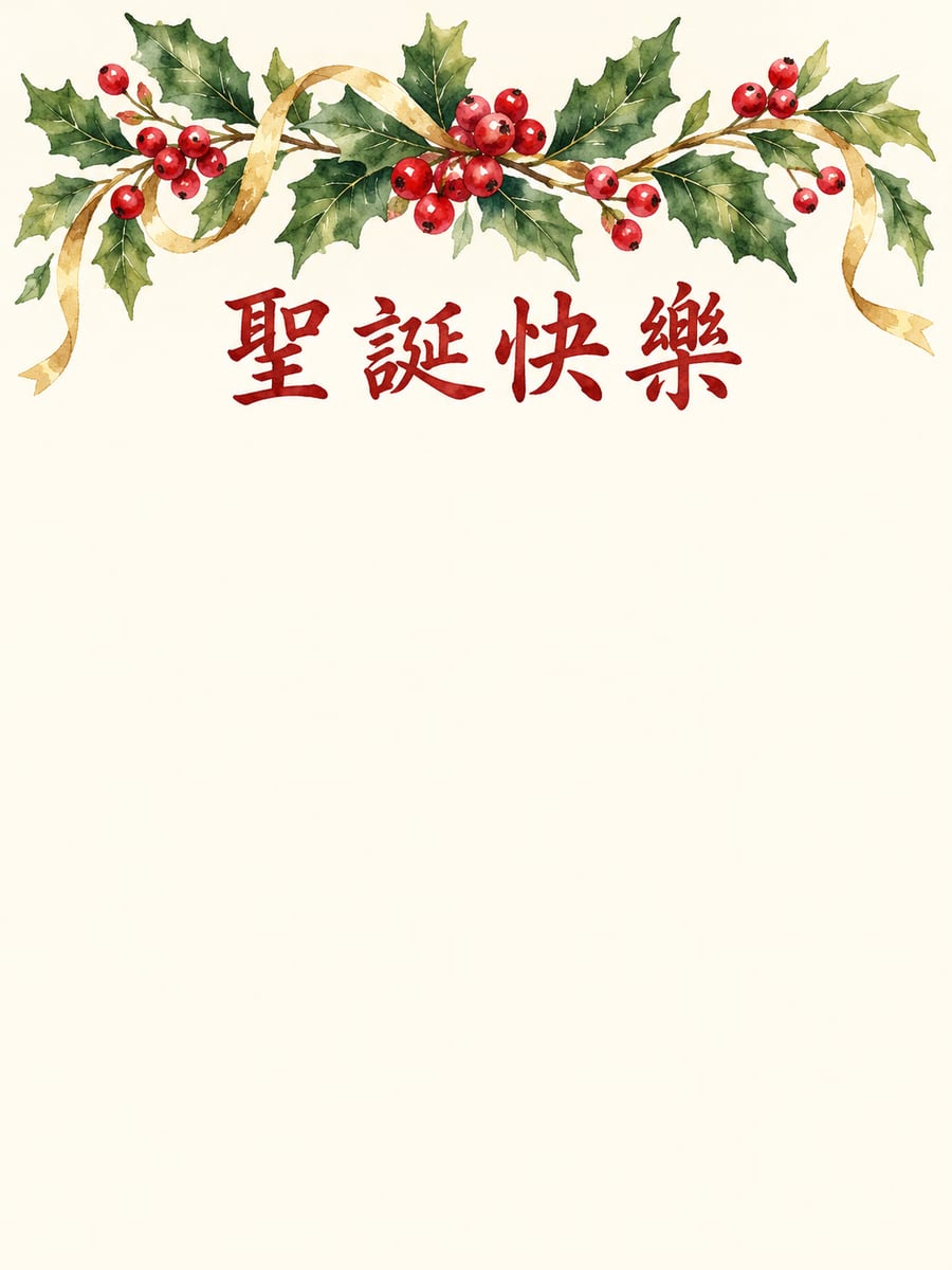 冬青紅果與金緞帶。圖中文字：聖誕快樂