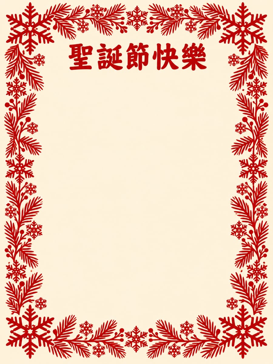 紅色剪紙雪花框。圖中文字：聖誕節快樂