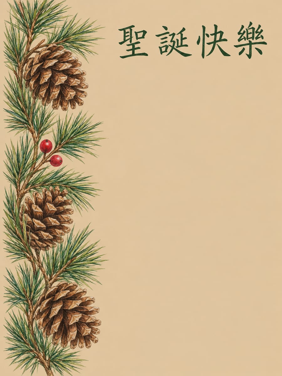 色鉛筆松果與松枝。圖中文字：聖誕快樂