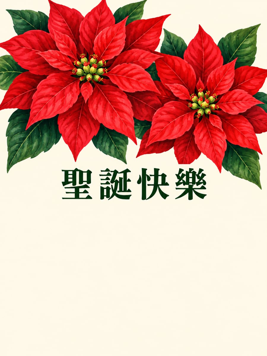 不透明水彩聖誕紅。圖中文字：聖誕快樂