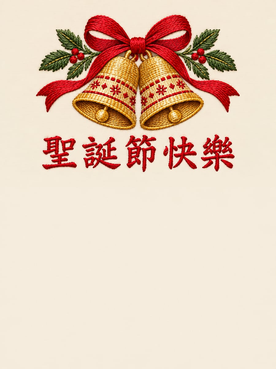 刺繡金鈴鐺。圖中文字：聖誕節快樂