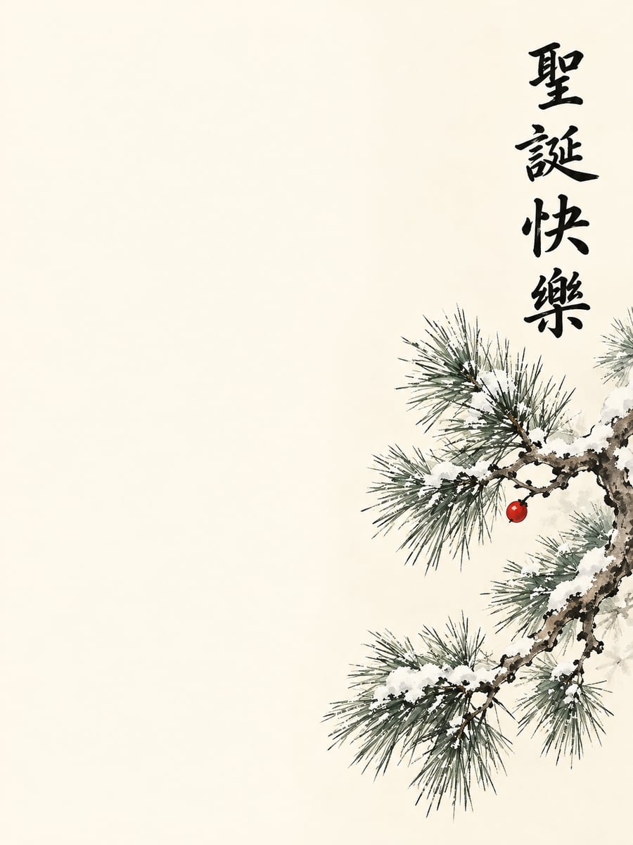 水墨雪中松枝。圖中文字：聖誕快樂