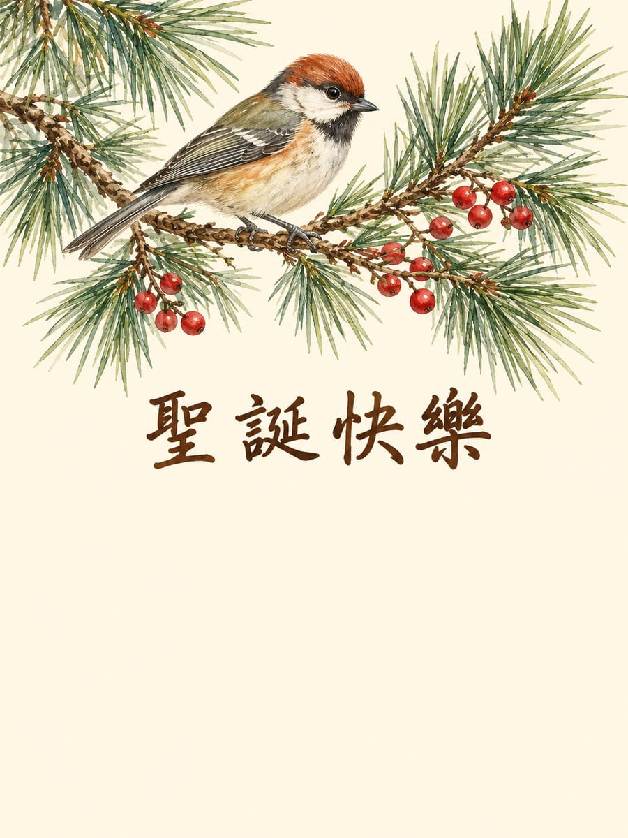 松枝上的小鳥。圖中文字：聖誕快樂