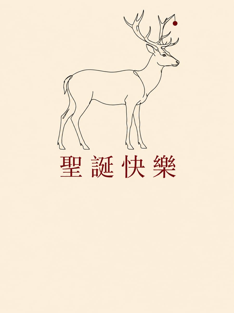 單線條馴鹿。圖中文字：聖誕快樂