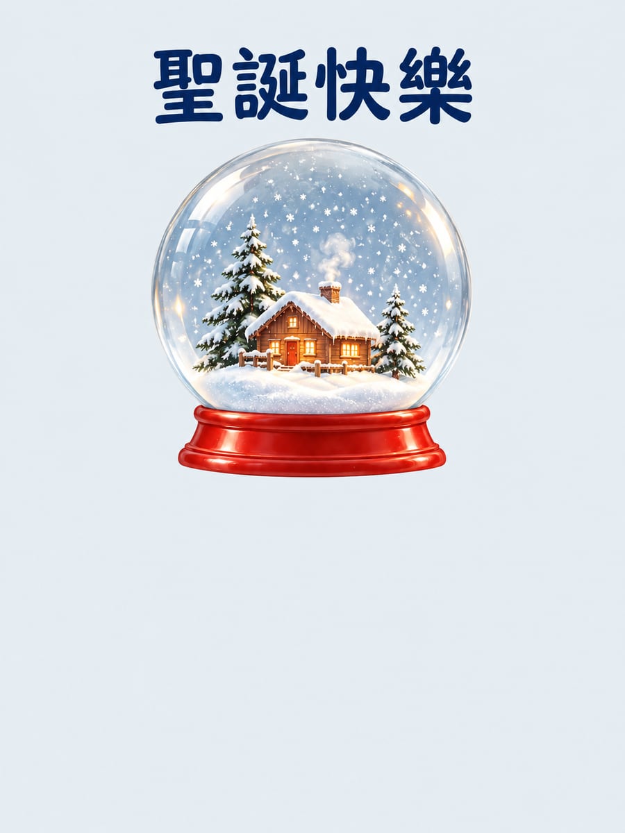 玻璃雪球小屋。圖中文字：聖誕快樂