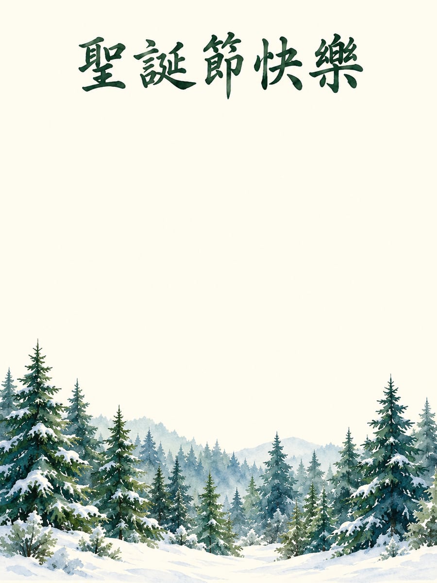 水彩冷杉林。圖中文字：聖誕節快樂