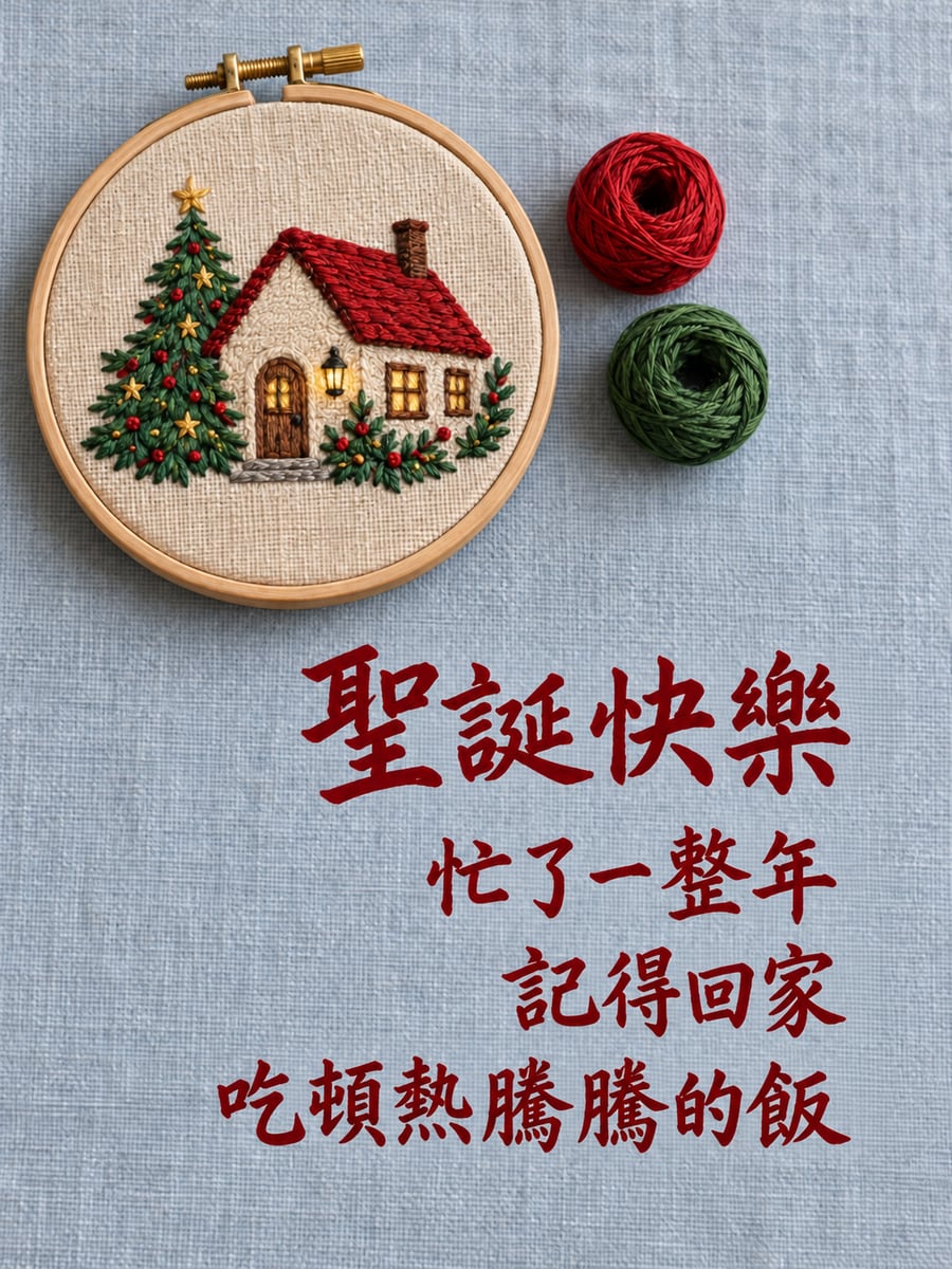刺繡小房子。圖中文字：聖誕快樂，忙了一整年，記得回家，吃頓熱騰騰的飯