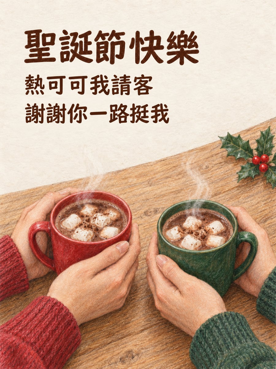 兩杯熱可可。圖中文字：聖誕節快樂，熱可可我請客，謝謝你一路挺我