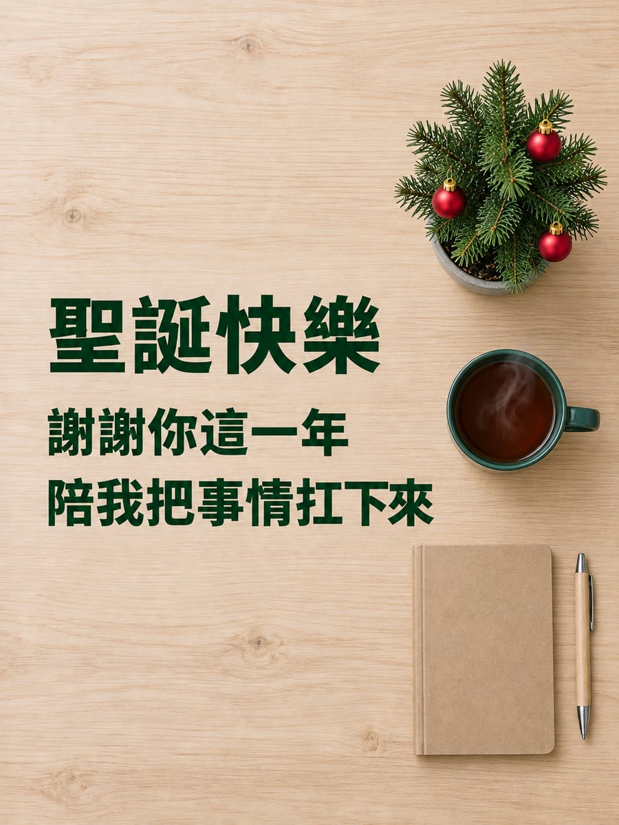 辦公桌上的迷你聖誕樹。圖中文字：聖誕快樂，謝謝你這一年，陪我把事情扛下來