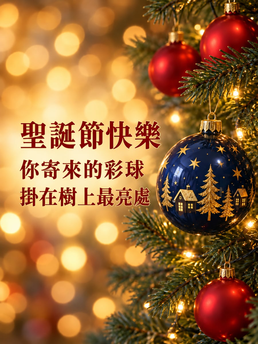 遠方寄來的手繪彩球。圖中文字：聖誕節快樂，你寄來的彩球，掛在樹上最亮處