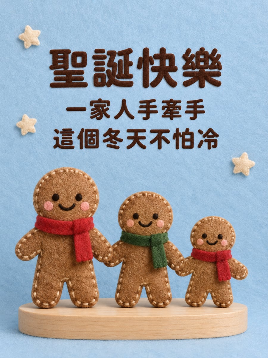 手牽手的毛氈薑餅人。圖中文字：聖誕快樂，一家人手牽手，這個冬天不怕冷